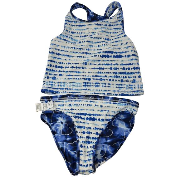 Eddie Bauer Reversible 2 Piece Tankini Swimsuit Girls S 7-8 Blue White Tie Dye - Picture 6 of 6